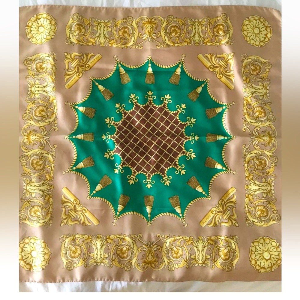 Pierre Balmain Gold and Green Holly Leaf Scarf